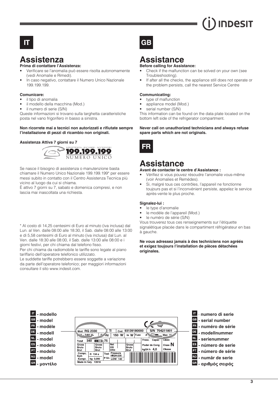 Assistenza, Assistance | Indesit TAAN-6-FNF-S User Manual | Page 3 / 48