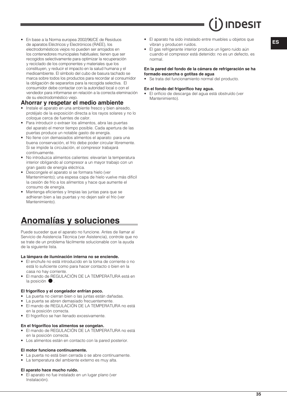 Anomalías y soluciones, Ahorrar y respetar el medio ambiente | Indesit TAAN-6-FNF-S User Manual | Page 35 / 48