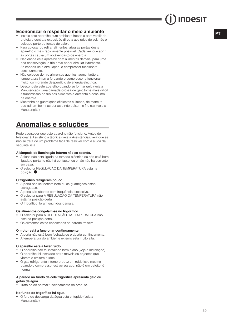 Anomalias e soluções, Economizar e respeitar o meio ambiente | Indesit TAAN-6-FNF-S User Manual | Page 39 / 48