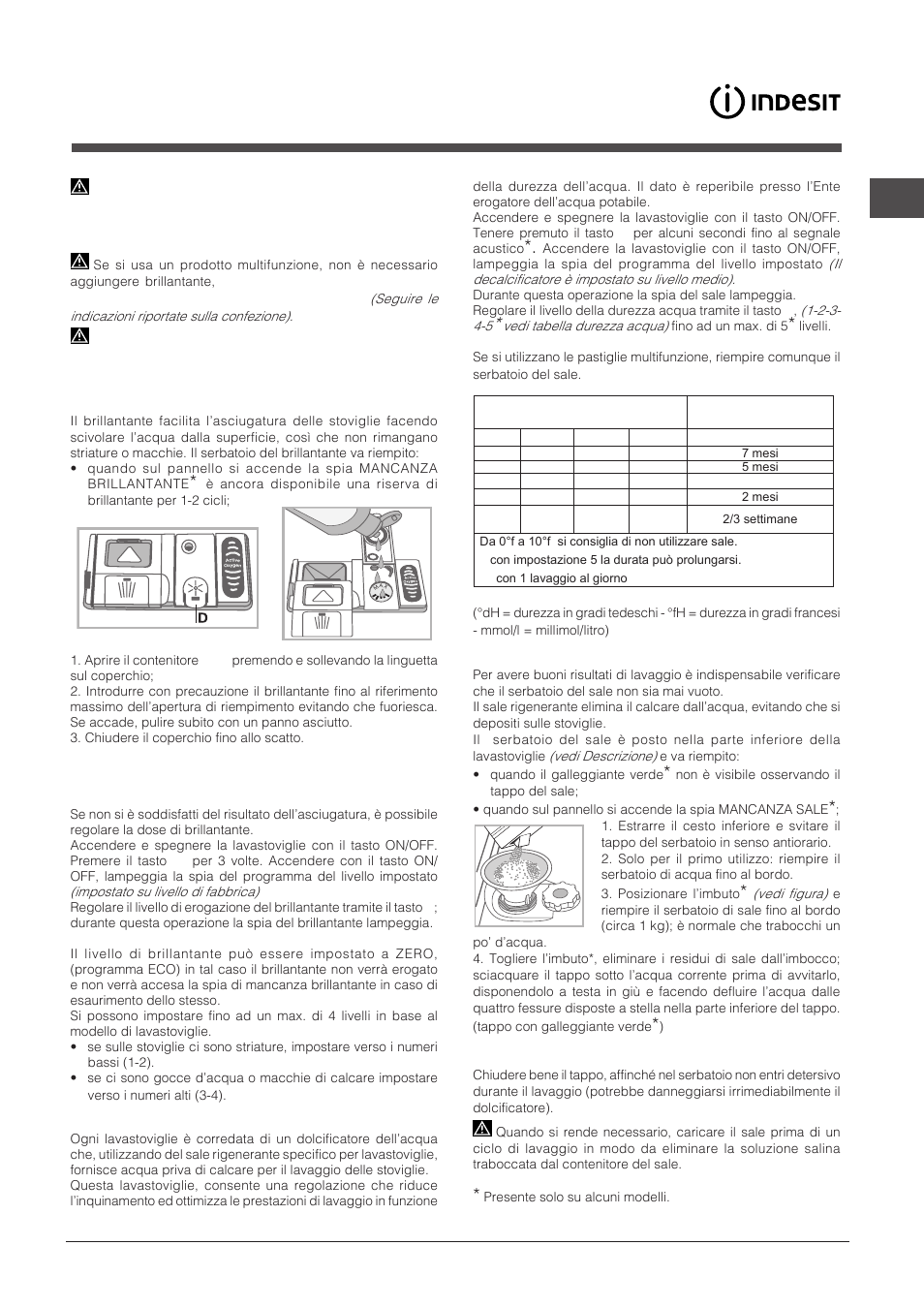 Brillantante e sale rigenerante, Caricare il brillantante, Caricare il sale rigenerante | Indesit DIF-16T1-A-EU User Manual | Page 11 / 56