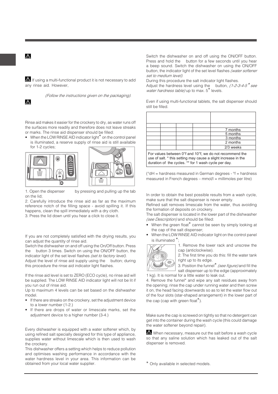 Rinse aid and refined salt, Measuring out the rinse aid, Measuring out the refined salt | Indesit DIF-16T1-A-EU User Manual | Page 26 / 56