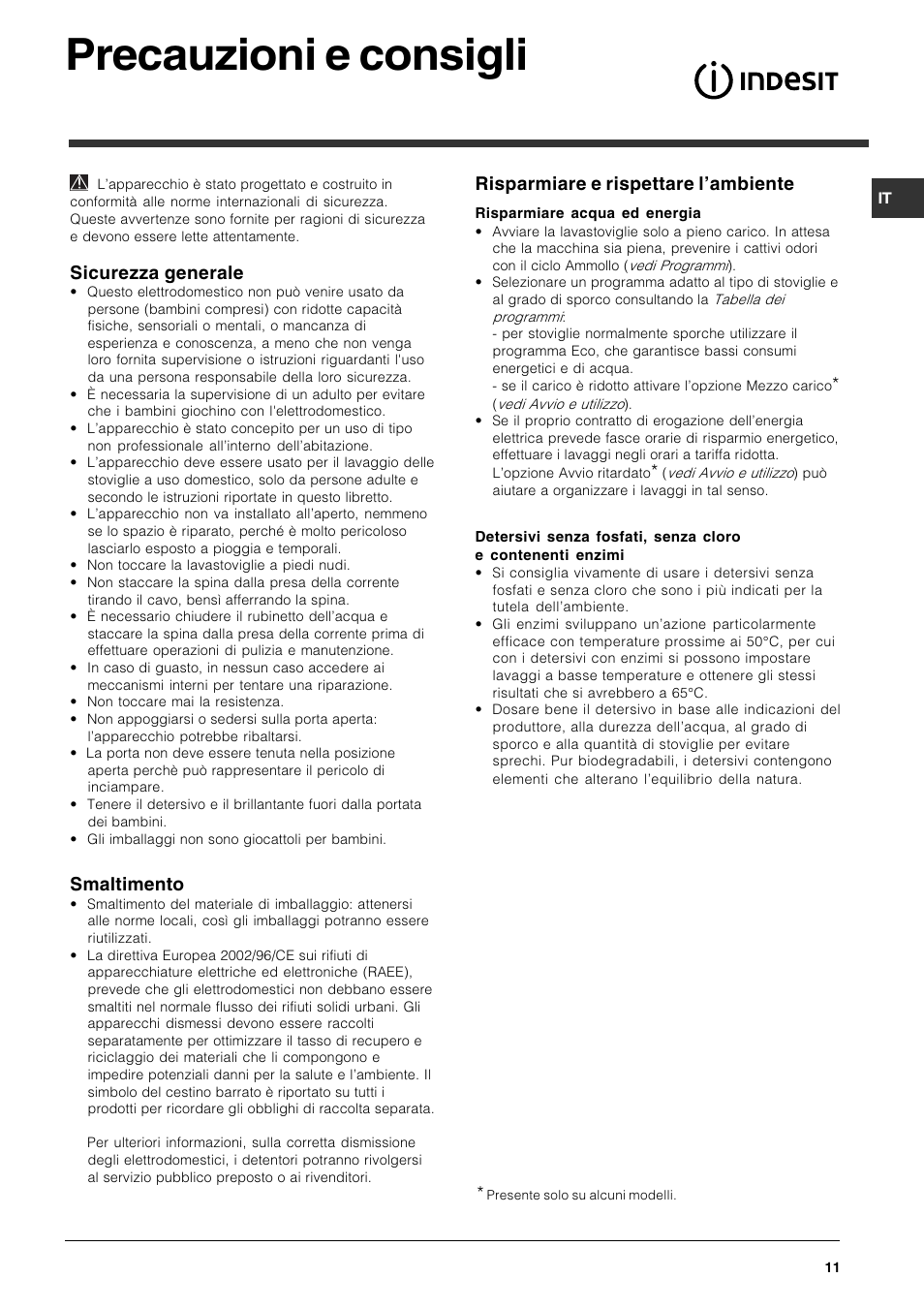 Precauzioni e consigli, Sicurezza generale, Smaltimento | Risparmiare e rispettare lambiente | Indesit DSG-263-EU User Manual | Page 11 / 84