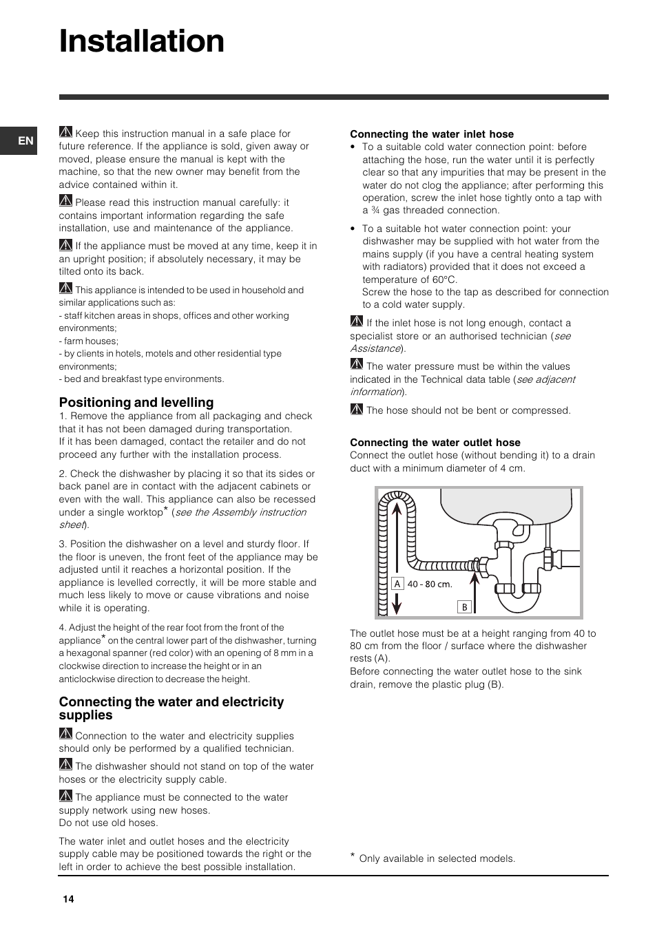 Installation, Positioning and levelling, Connecting the water and electricity supplies | Indesit DSG-263-EU User Manual | Page 14 / 84