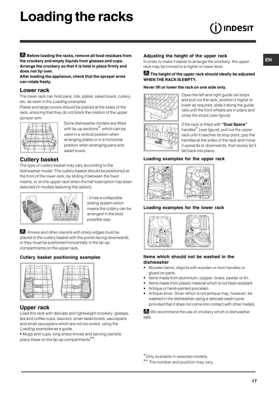 Loading the racks, Lower rack, Cutlery basket | Upper rack | Indesit DSG-263-EU User Manual | Page 17 / 84