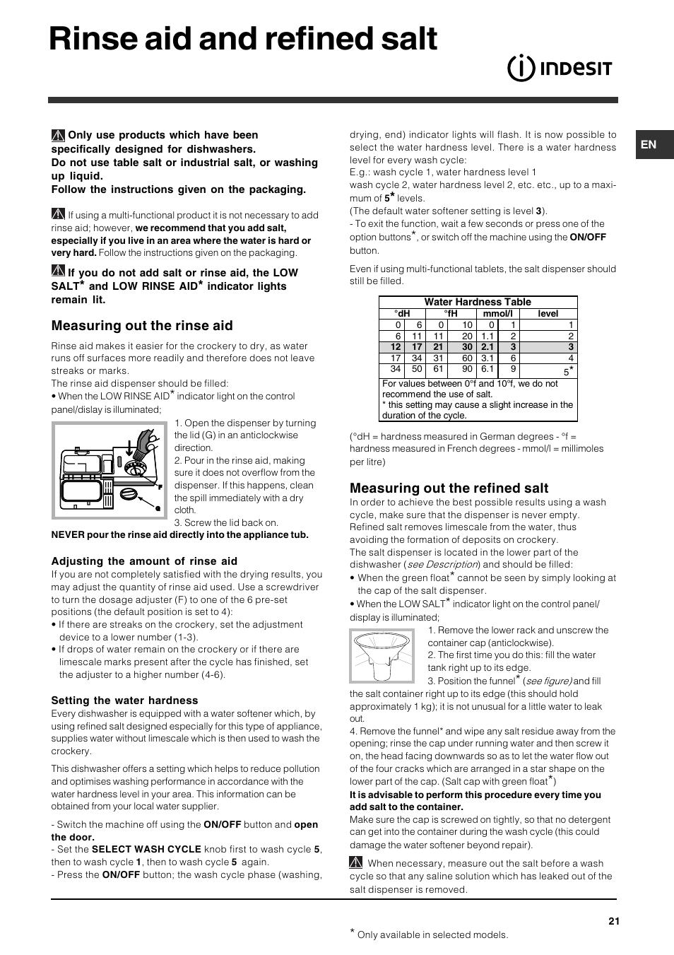 Rinse aid and refined salt, Measuring out the rinse aid, Measuring out the refined salt | Indesit DSG-263-EU User Manual | Page 21 / 84