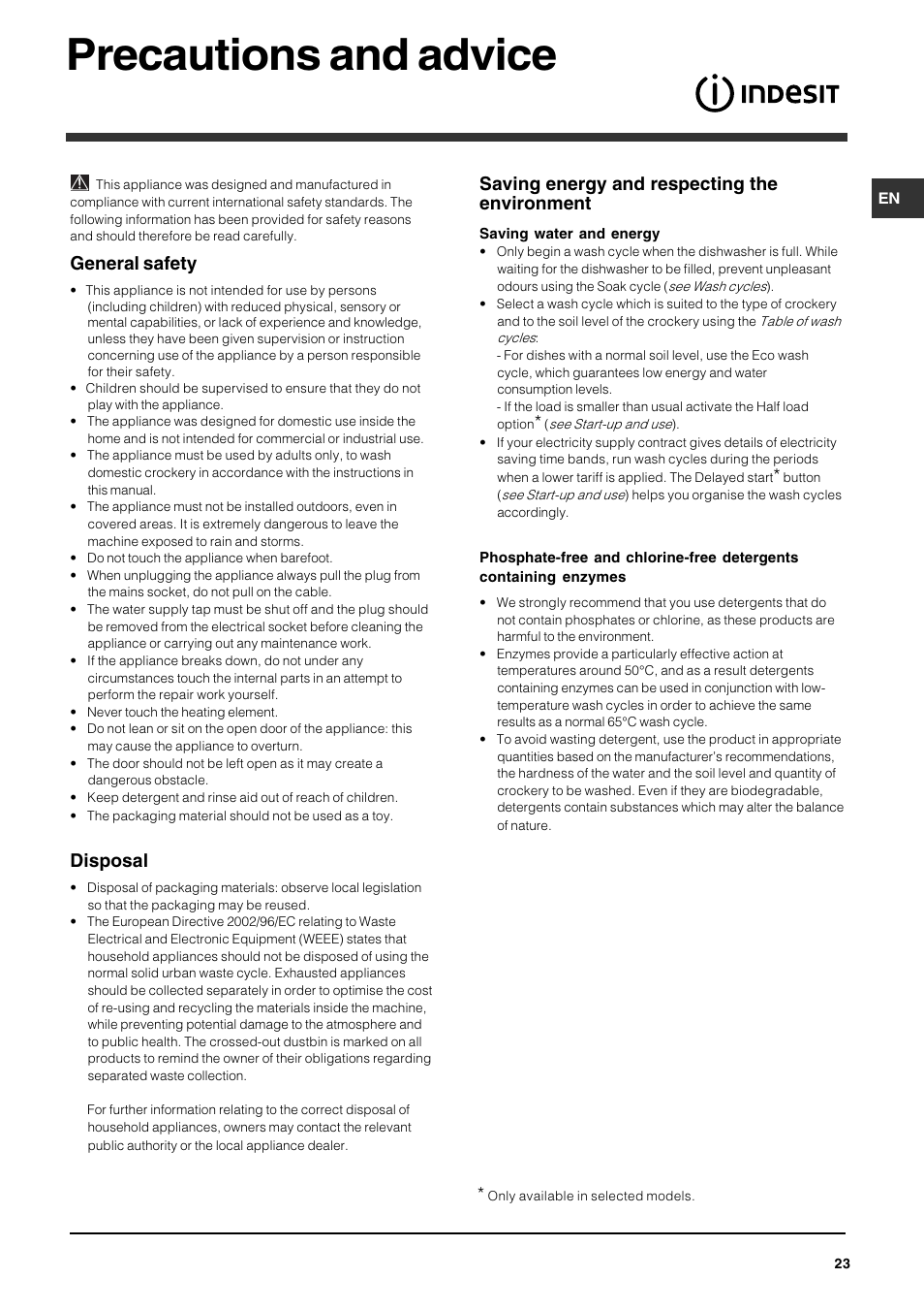 Precautions and advice, General safety, Disposal | Saving energy and respecting the environment | Indesit DSG-263-EU User Manual | Page 23 / 84