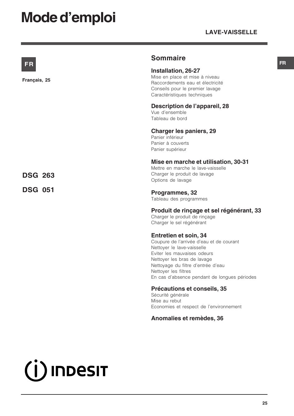 Mode demploi, Sommaire | Indesit DSG-263-EU User Manual | Page 25 / 84