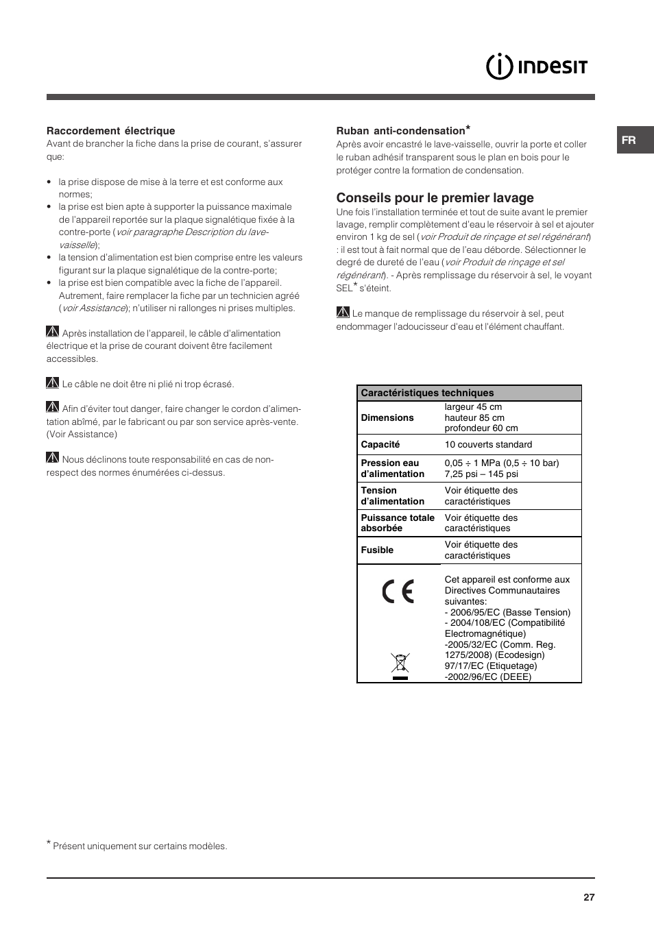 Conseils pour le premier lavage | Indesit DSG-263-EU User Manual | Page 27 / 84