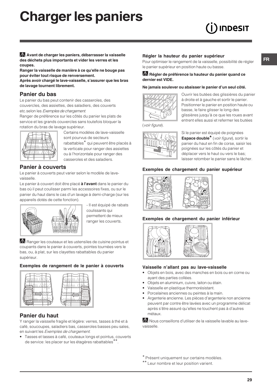 Charger les paniers, Panier du bas, Panier à couverts | Panier du haut | Indesit DSG-263-EU User Manual | Page 29 / 84