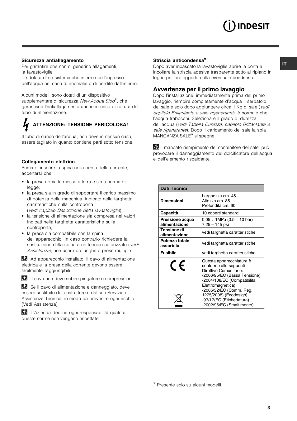 Avvertenze per il primo lavaggio | Indesit DSG-263-EU User Manual | Page 3 / 84