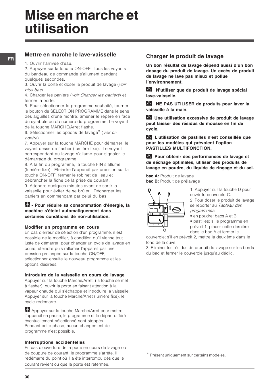 Mise en marche et utilisation, Charger le produit de lavage, Mettre en marche le lave-vaisselle | Indesit DSG-263-EU User Manual | Page 30 / 84