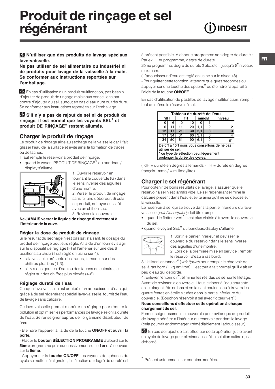 Produit de rinçage et sel régénérant, Charger le produit de rinçage, Charger le sel régénérant | Indesit DSG-263-EU User Manual | Page 33 / 84