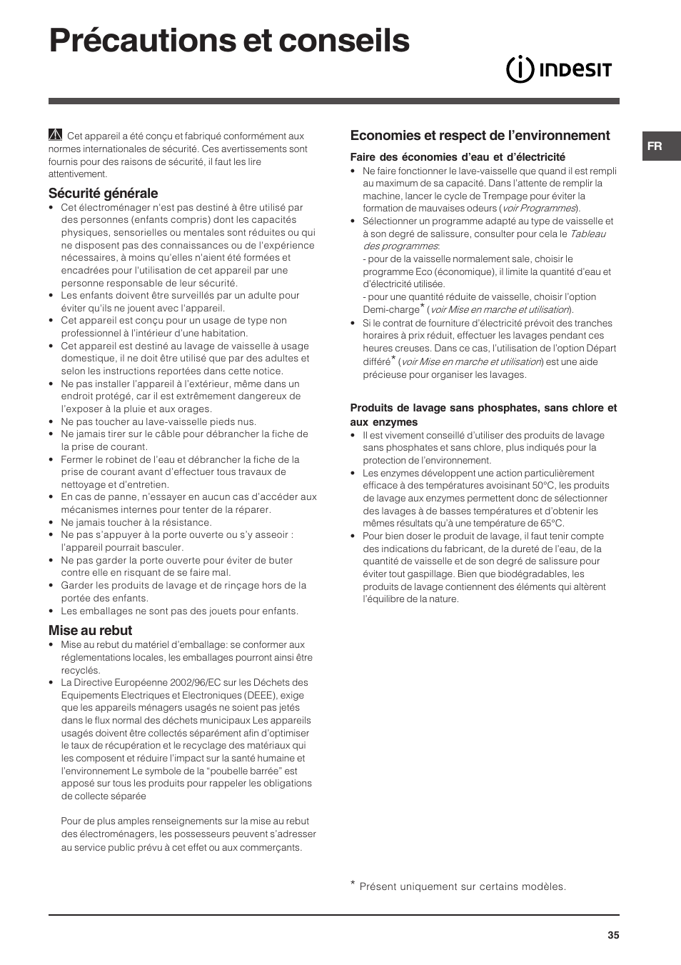 Précautions et conseils, Sécurité générale, Mise au rebut | Economies et respect de lenvironnement | Indesit DSG-263-EU User Manual | Page 35 / 84