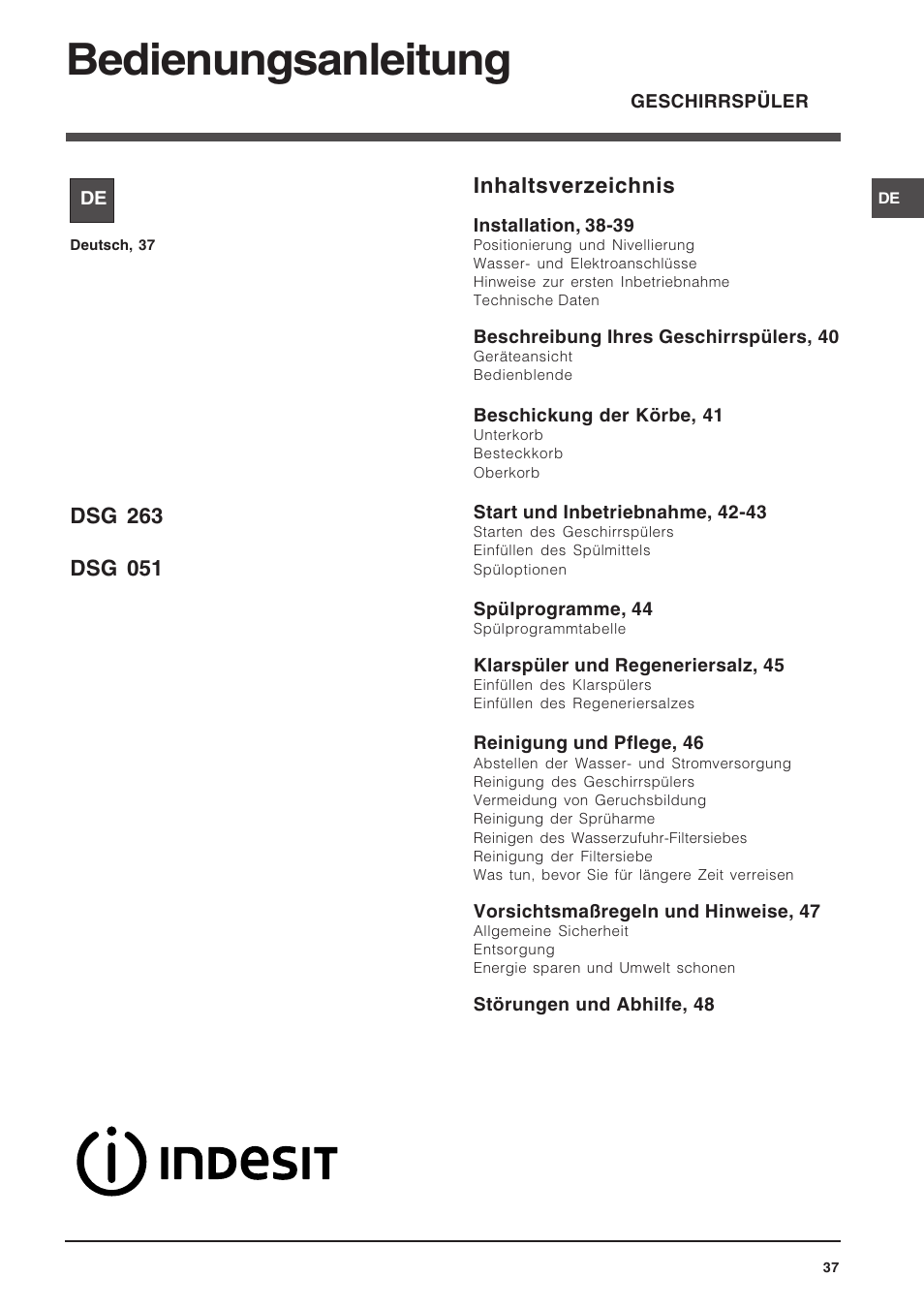 Indesit DSG-263-EU User Manual | Page 37 / 84