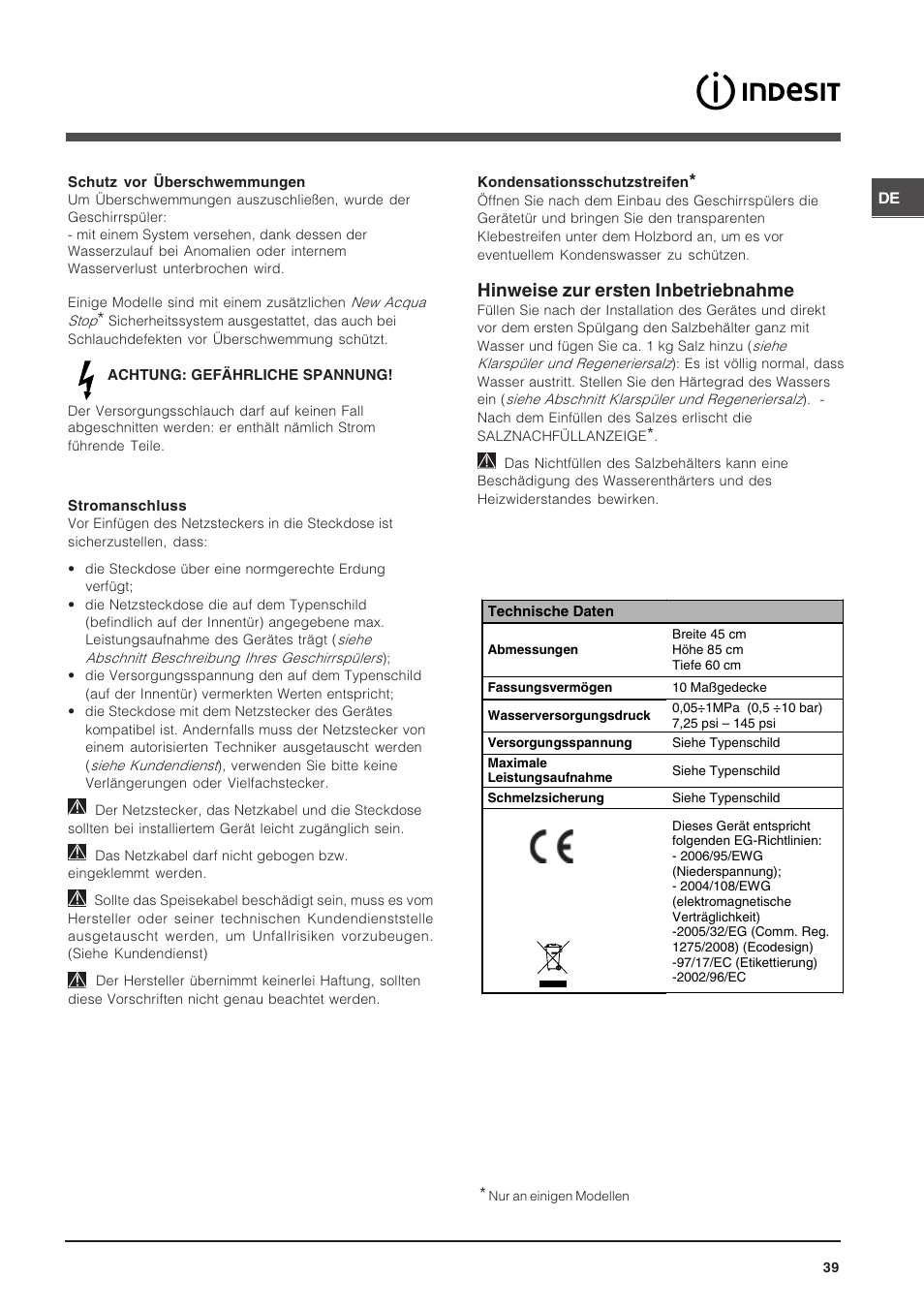 Hinweise zur ersten inbetriebnahme | Indesit DSG-263-EU User Manual | Page 39 / 84