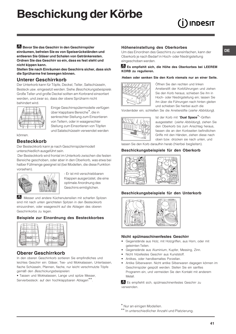 Beschickung der körbe, Unterer geschirrkorb, Besteckkorb | Oberer geschirrkorb | Indesit DSG-263-EU User Manual | Page 41 / 84