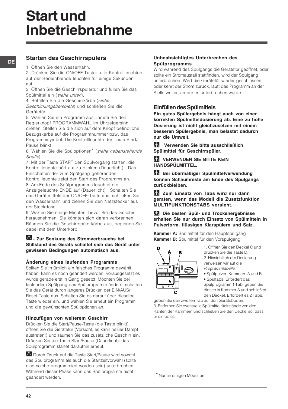 Start und inbetriebnahme, Einfüllen des spülmittels, Starten des geschirrspülers | Indesit DSG-263-EU User Manual | Page 42 / 84