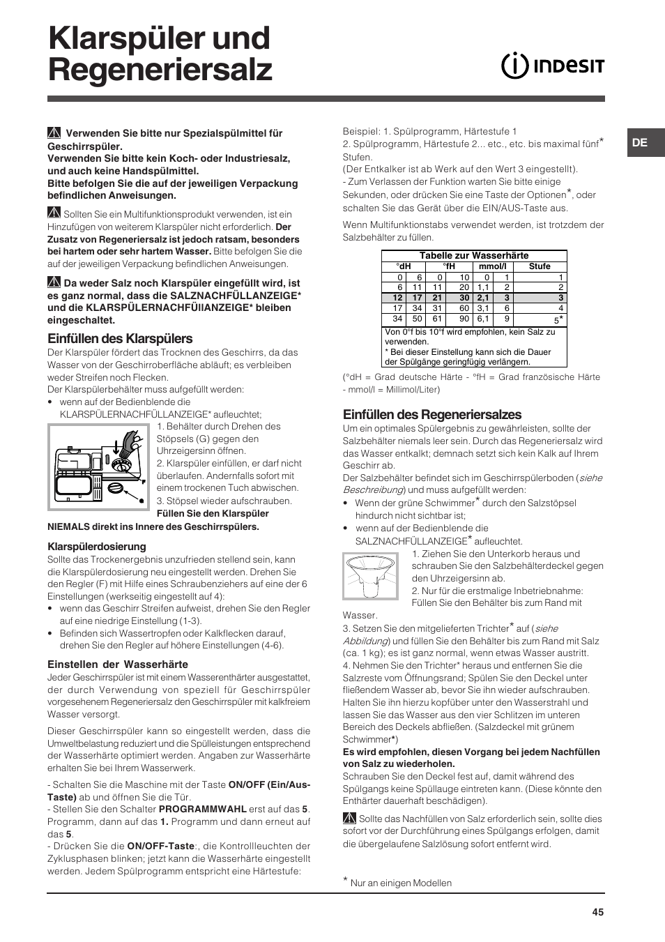 Klarspüler und regeneriersalz, Einfüllen des klarspülers, Einfüllen des regeneriersalzes | Indesit DSG-263-EU User Manual | Page 45 / 84