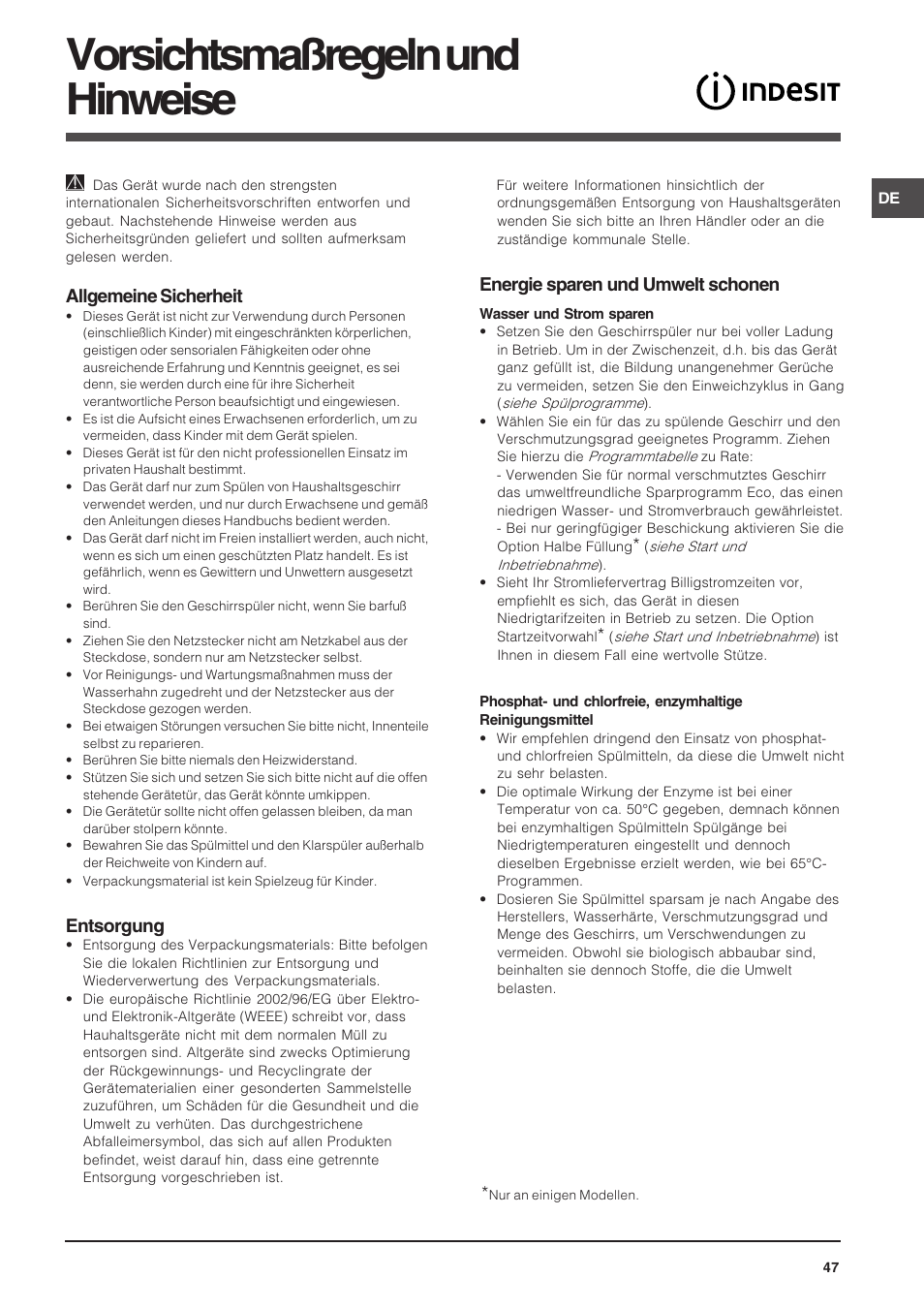 Vorsichtsmaßregeln und hinweise, Allgemeine sicherheit, Entsorgung | Energie sparen und umwelt schonen | Indesit DSG-263-EU User Manual | Page 47 / 84