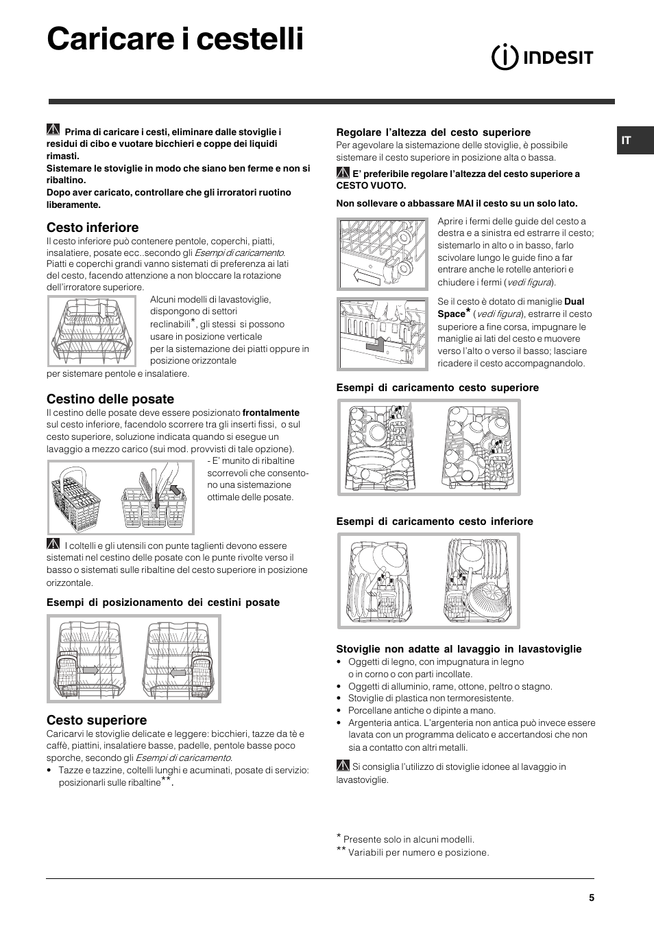 Caricare i cestelli, Cesto inferiore, Cestino delle posate | Cesto superiore | Indesit DSG-263-EU User Manual | Page 5 / 84