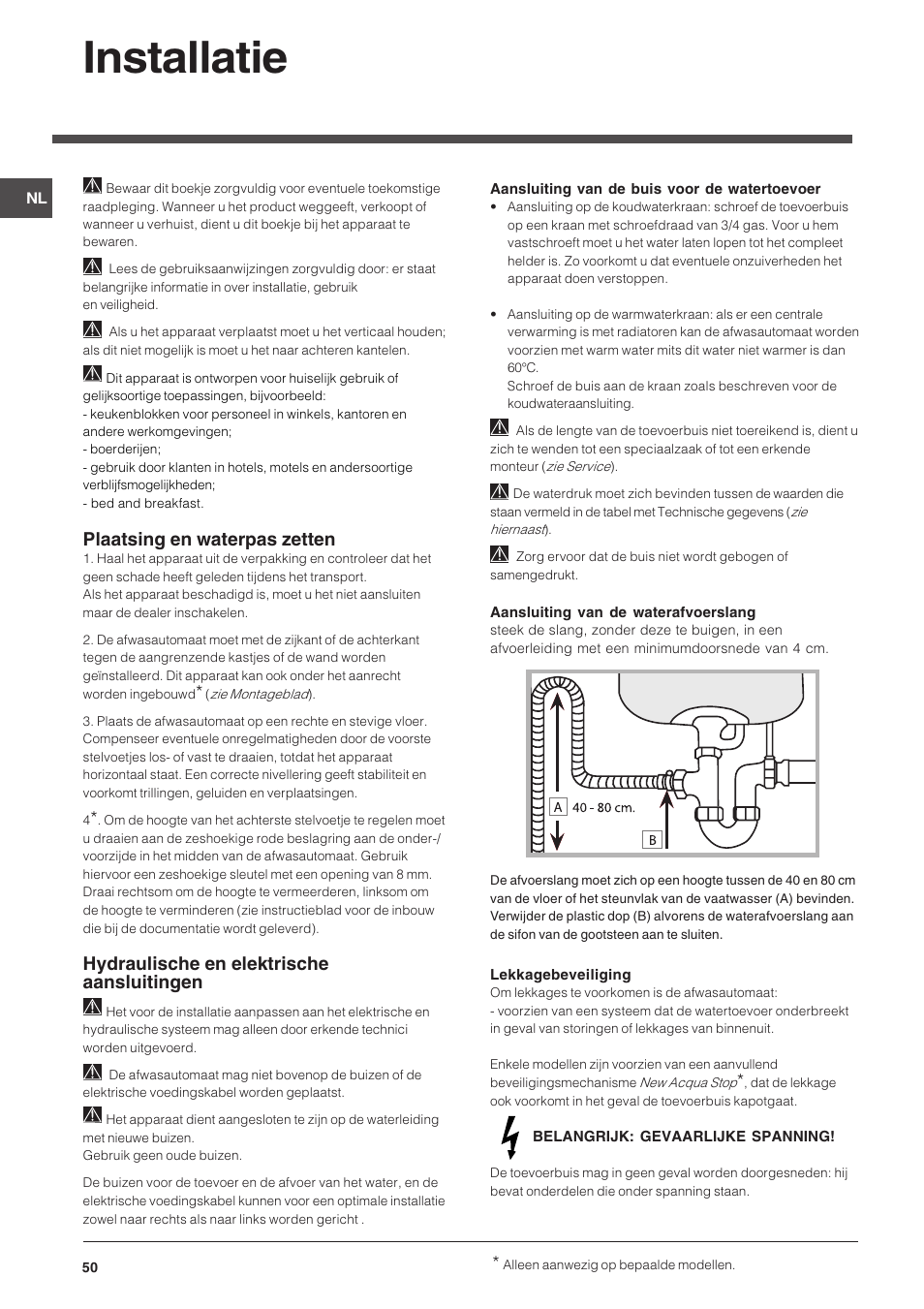 Installatie, Plaatsing en waterpas zetten, Hydraulische en elektrische aansluitingen | Indesit DSG-263-EU User Manual | Page 50 / 84