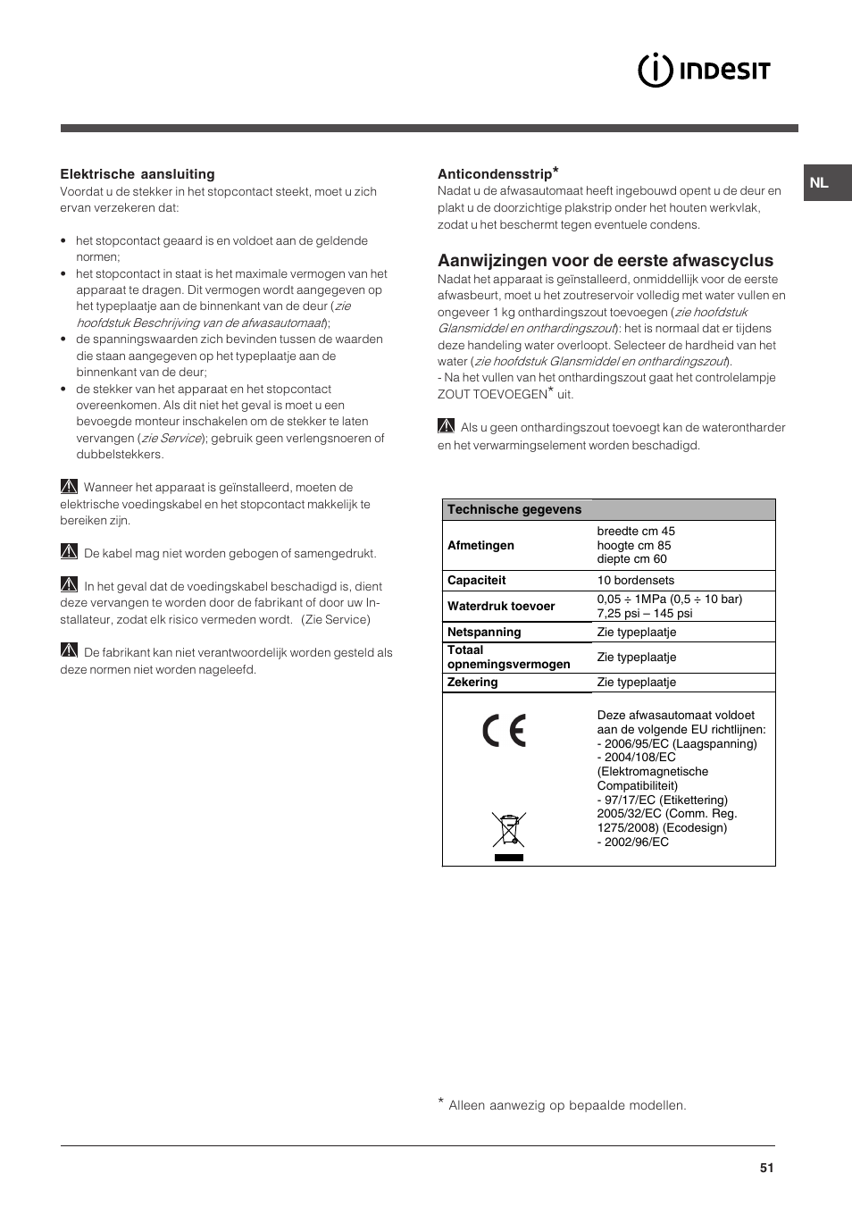 Aanwijzingen voor de eerste afwascyclus | Indesit DSG-263-EU User Manual | Page 51 / 84