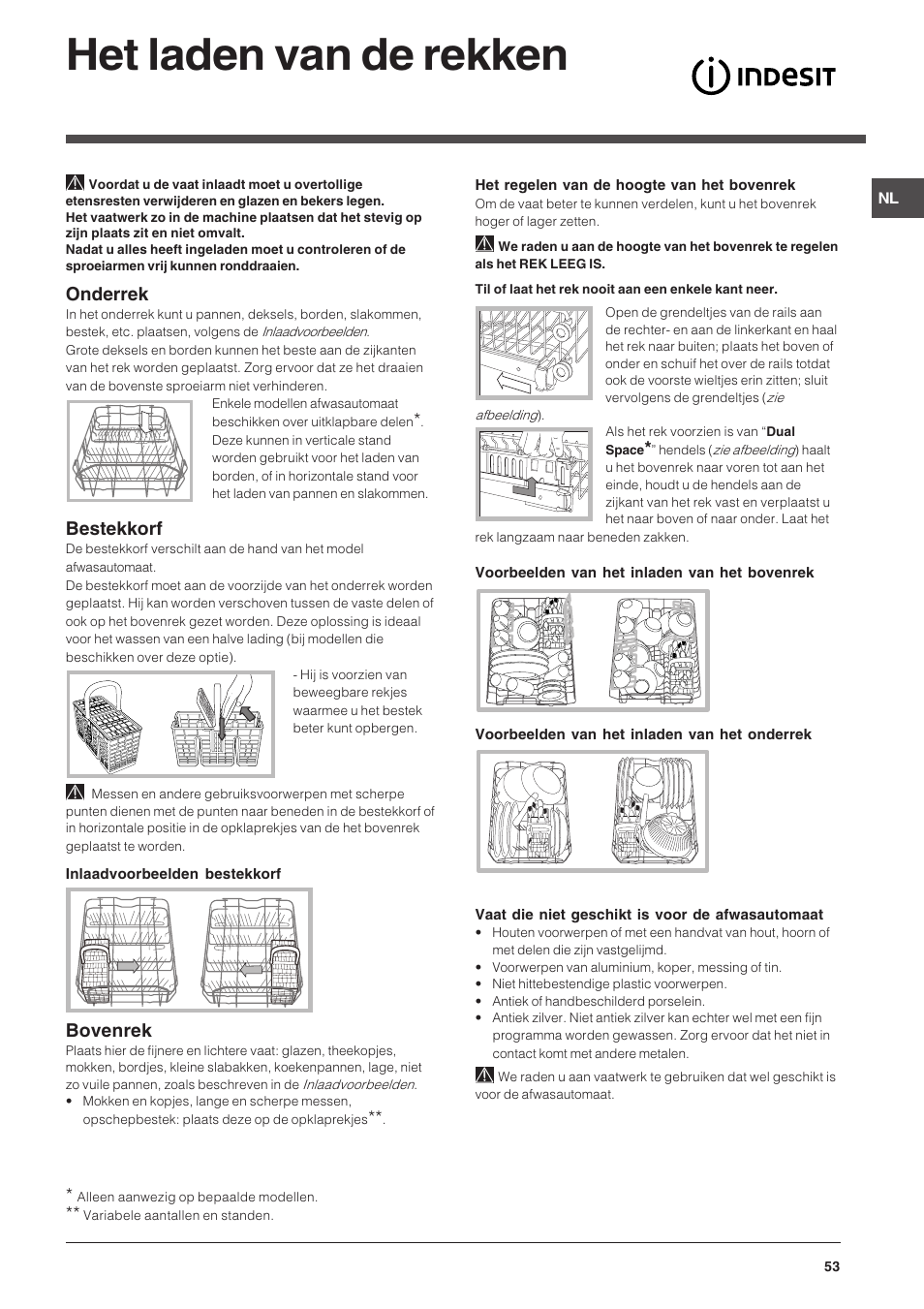 Het laden van de rekken, Onderrek, Bestekkorf | Bovenrek | Indesit DSG-263-EU User Manual | Page 53 / 84