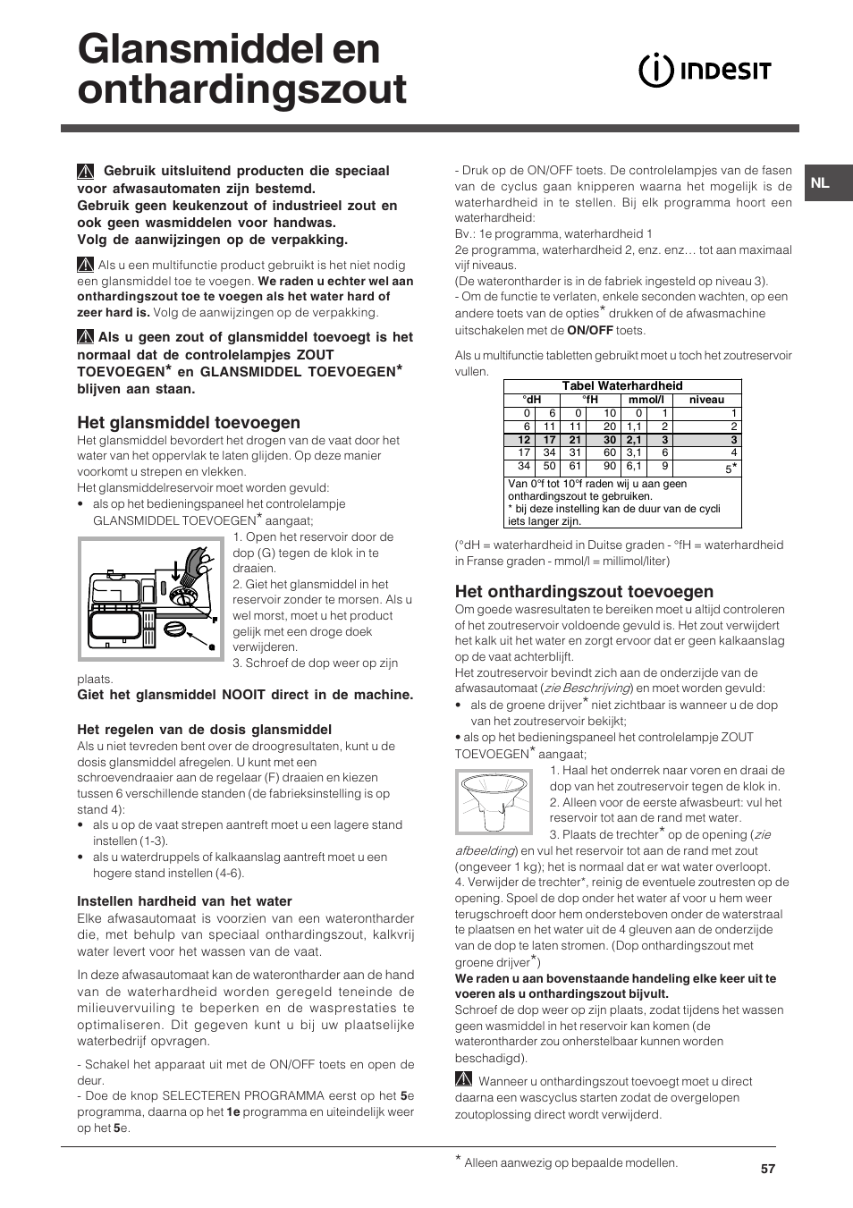 Glansmiddel en onthardingszout, Het glansmiddel toevoegen, Het onthardingszout toevoegen | Indesit DSG-263-EU User Manual | Page 57 / 84