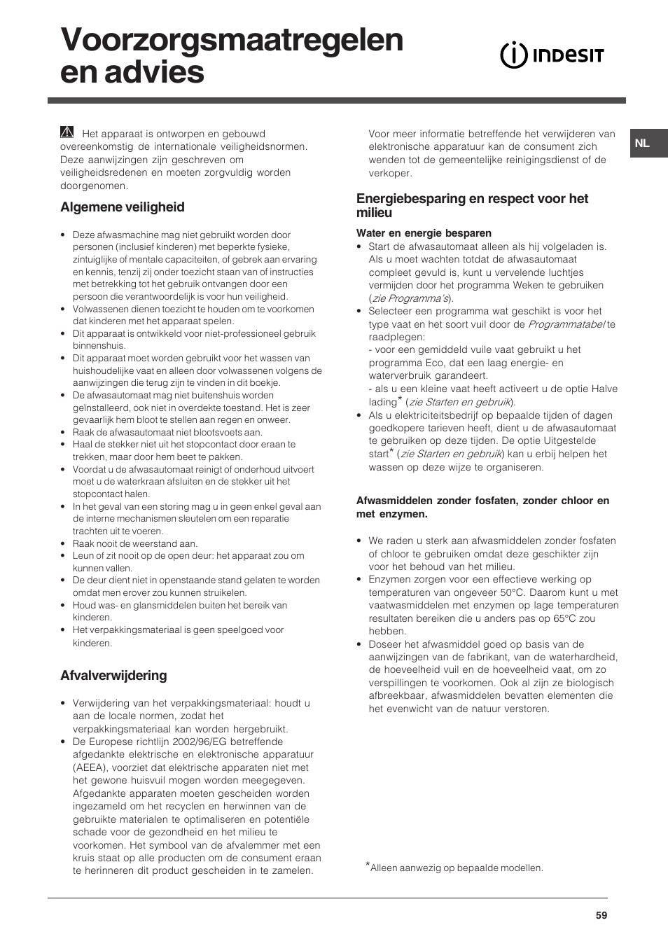 Voorzorgsmaatregelen en advies, Algemene veiligheid, Afvalverwijdering | Energiebesparing en respect voor het milieu | Indesit DSG-263-EU User Manual | Page 59 / 84