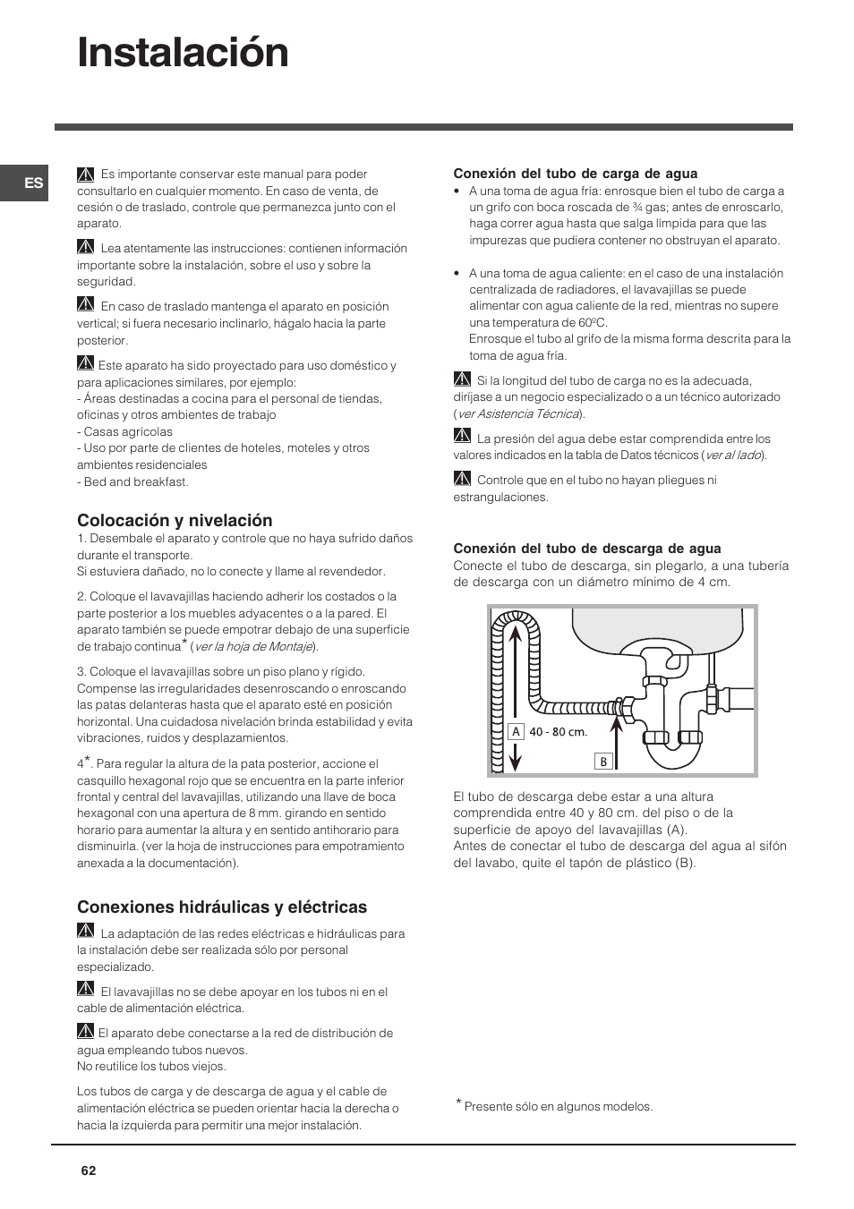 Instalación, Colocación y nivelación, Conexiones hidráulicas y eléctricas | Indesit DSG-263-EU User Manual | Page 62 / 84