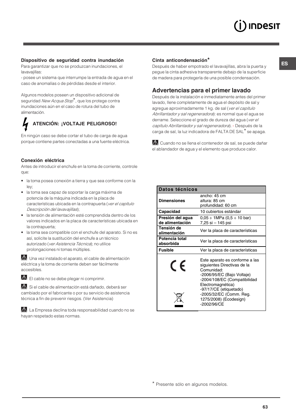 Advertencias para el primer lavado | Indesit DSG-263-EU User Manual | Page 63 / 84