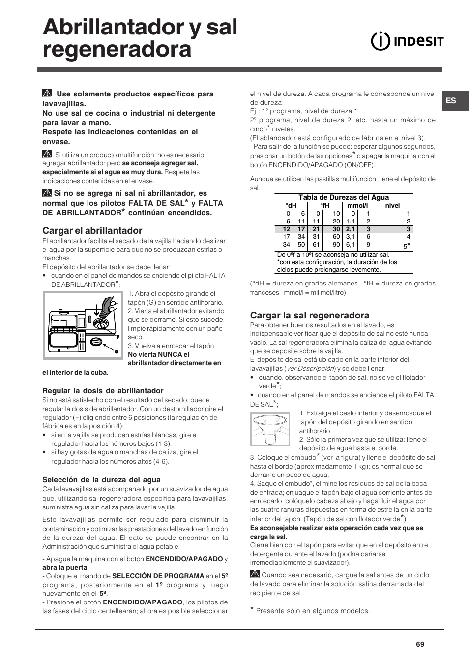 Abrillantador y sal regeneradora, Cargar el abrillantador, Cargar la sal regeneradora | Indesit DSG-263-EU User Manual | Page 69 / 84