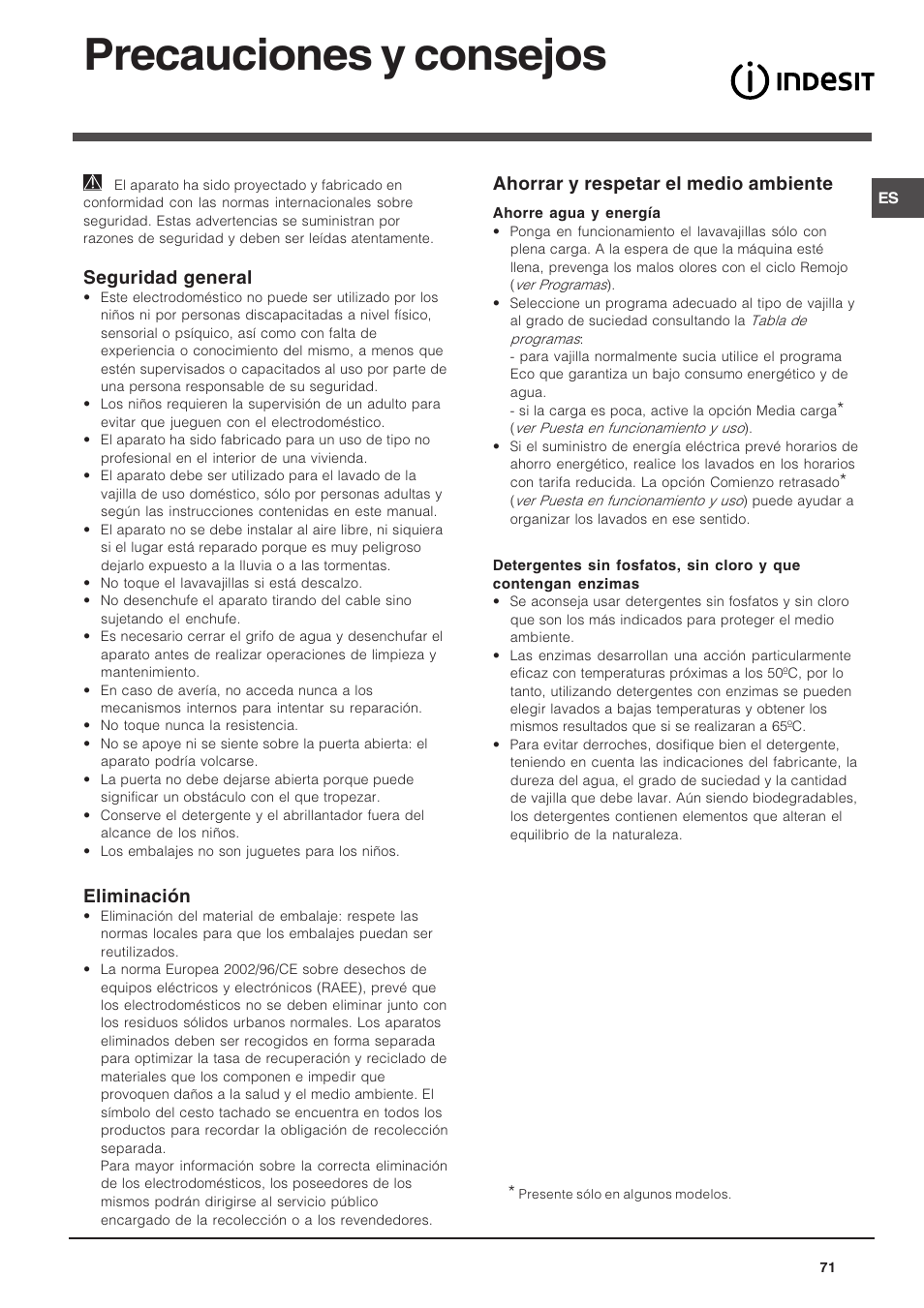 Precauciones y consejos, Seguridad general, Eliminación | Ahorrar y respetar el medio ambiente | Indesit DSG-263-EU User Manual | Page 71 / 84