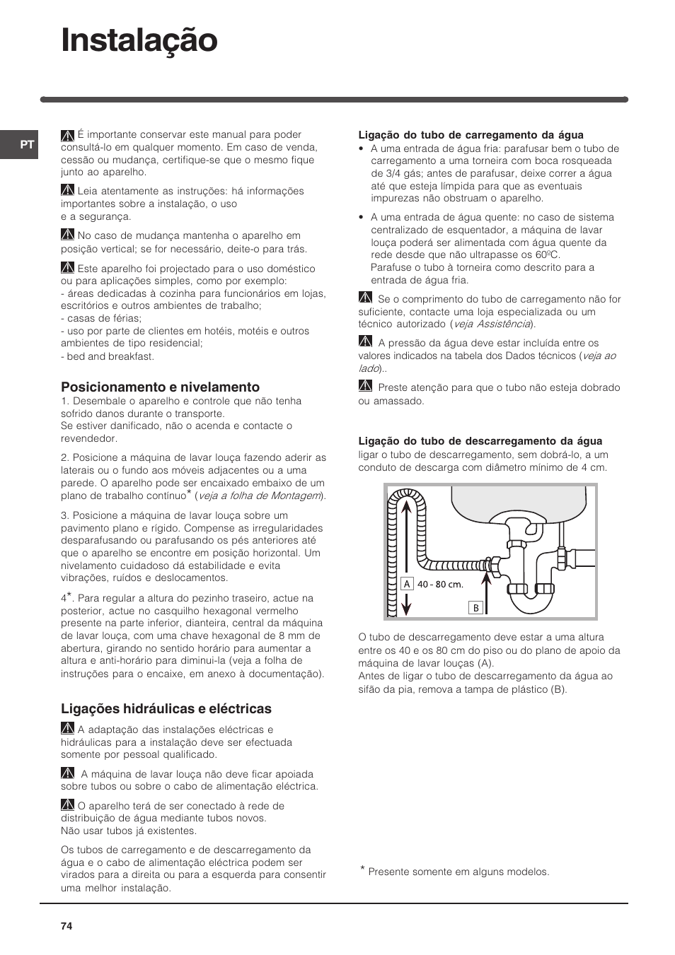 Instalação, Posicionamento e nivelamento, Ligações hidráulicas e eléctricas | Indesit DSG-263-EU User Manual | Page 74 / 84