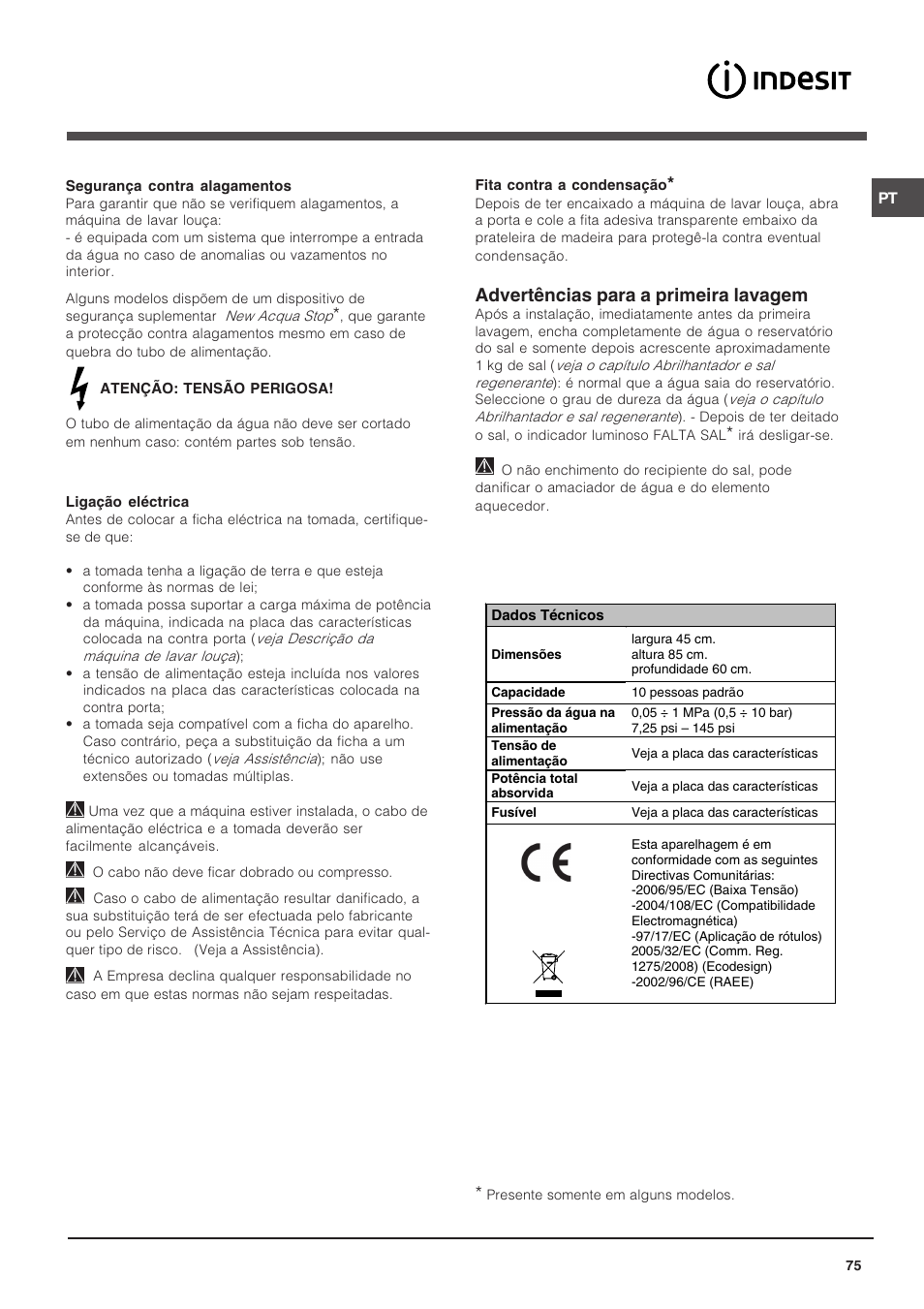 Advertências para a primeira lavagem | Indesit DSG-263-EU User Manual | Page 75 / 84