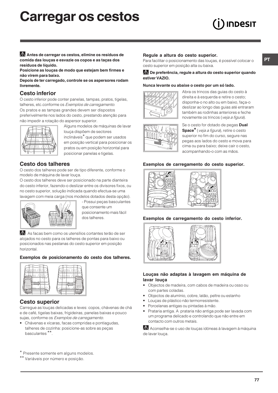 Carregar os cestos, Cesto inferior, Cesto dos talheres | Cesto superior | Indesit DSG-263-EU User Manual | Page 77 / 84