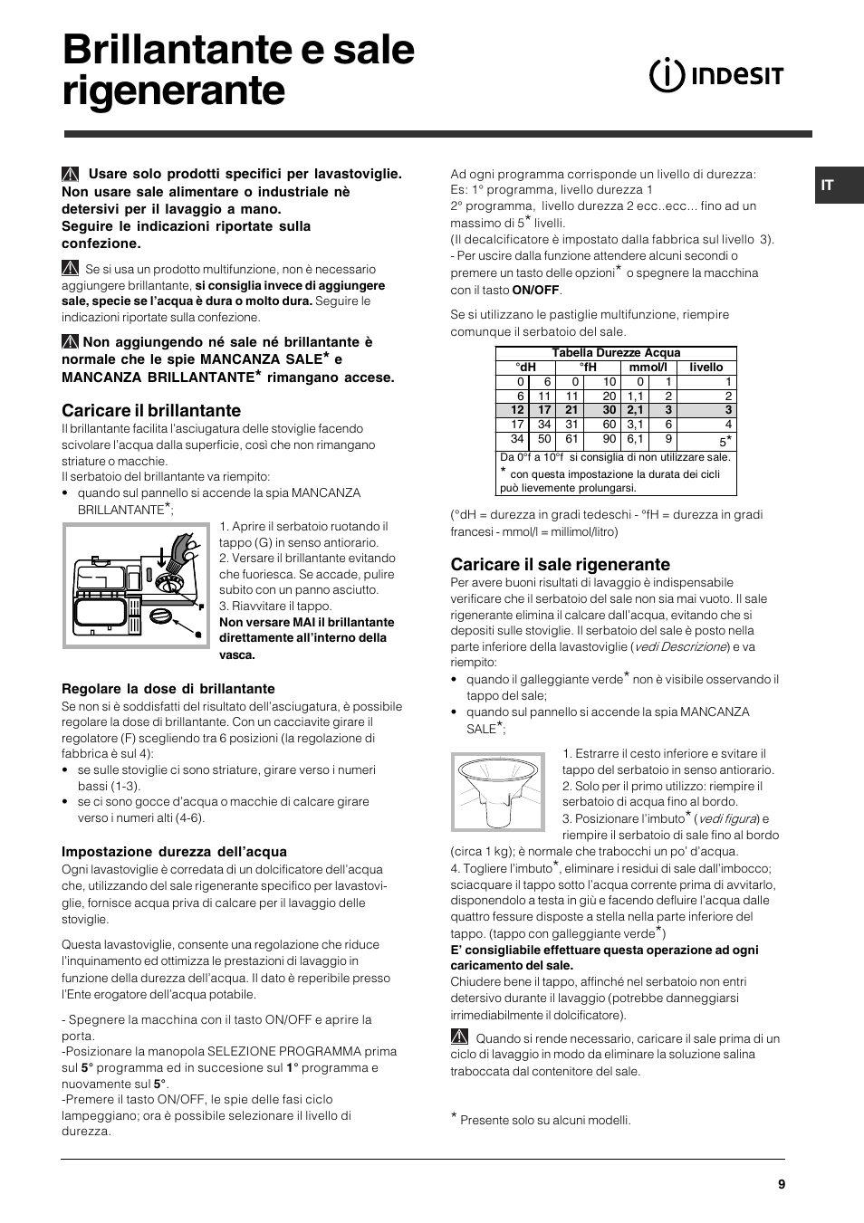 Brillantante e sale rigenerante, Caricare il brillantante, Caricare il sale rigenerante | Indesit DSG-263-EU User Manual | Page 9 / 84