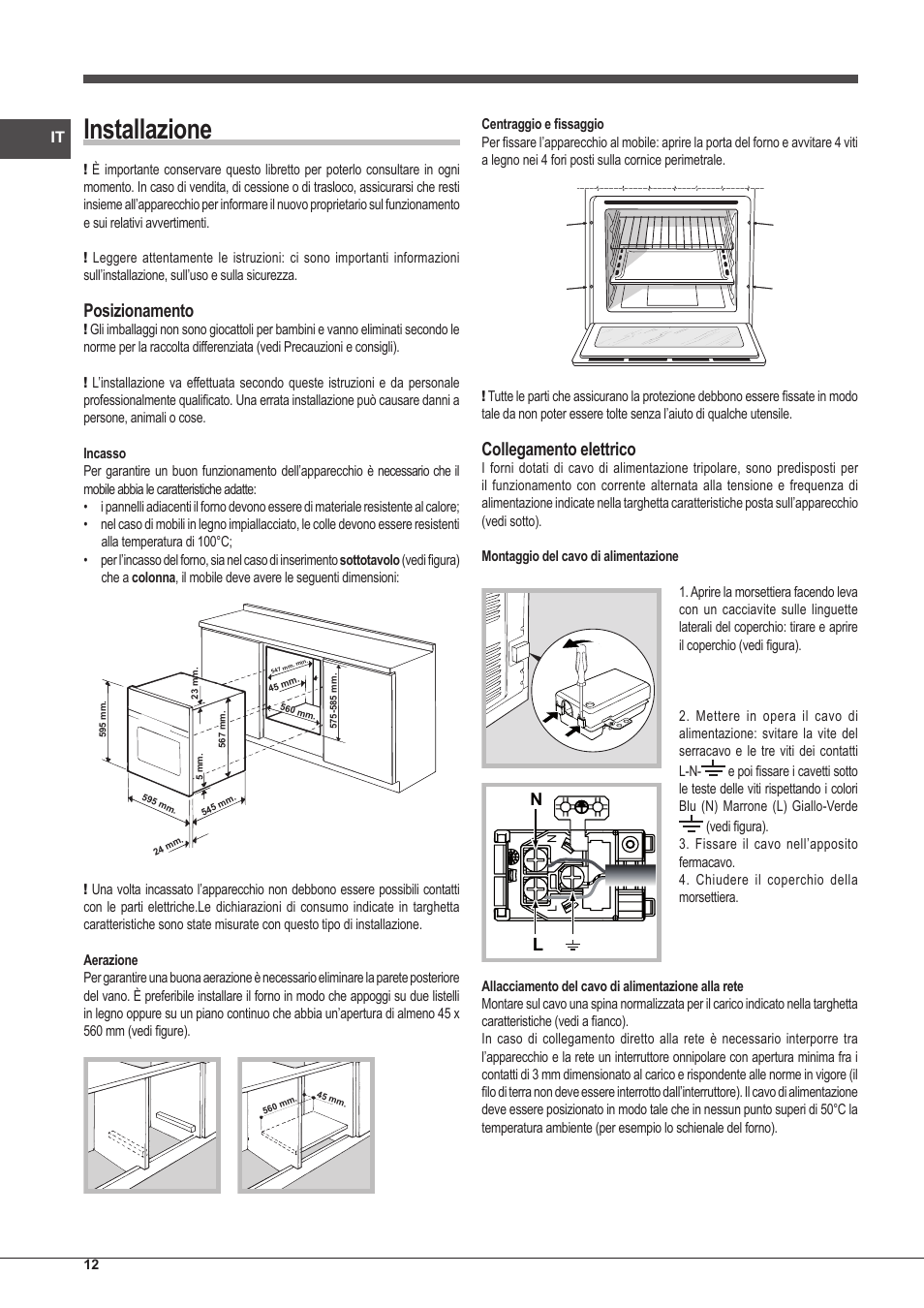 Installazione, Posizionamento, Collegamento elettrico | Indesit IFG-51-K.A-(GR)-S User Manual | Page 12 / 56