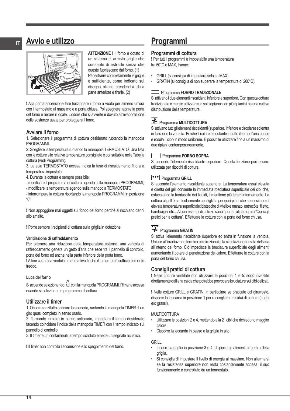 Avvio e utilizzo, Programmi, Avviare il forno | Utilizzare il timer, Programmi di cottura, Consigli pratici di cottura | Indesit IFG-51-K.A-(GR)-S User Manual | Page 14 / 56