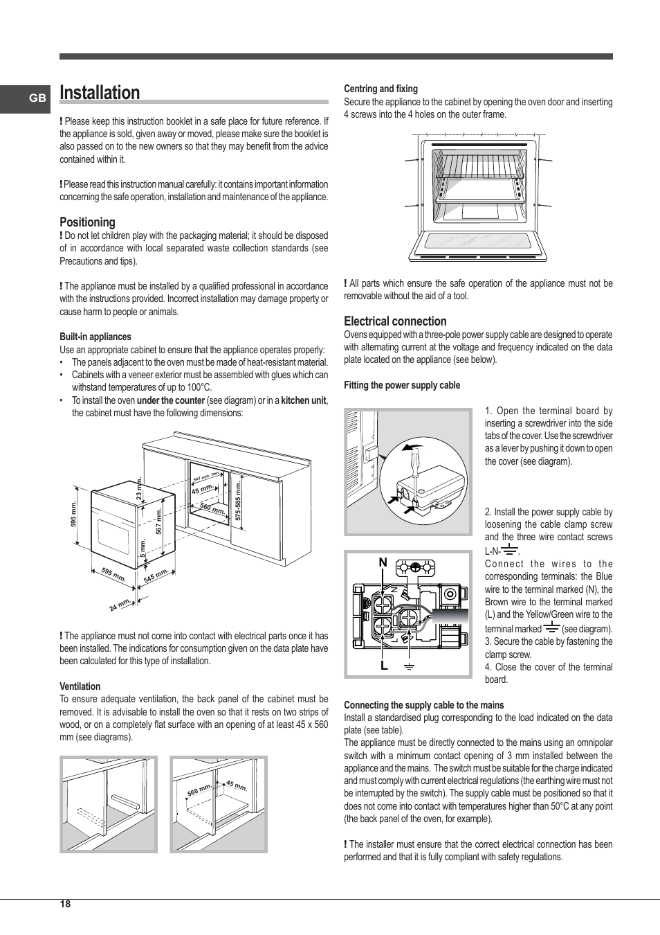 Installation, Positioning, Electrical connection | Indesit IFG-51-K.A-(GR)-S User Manual | Page 18 / 56