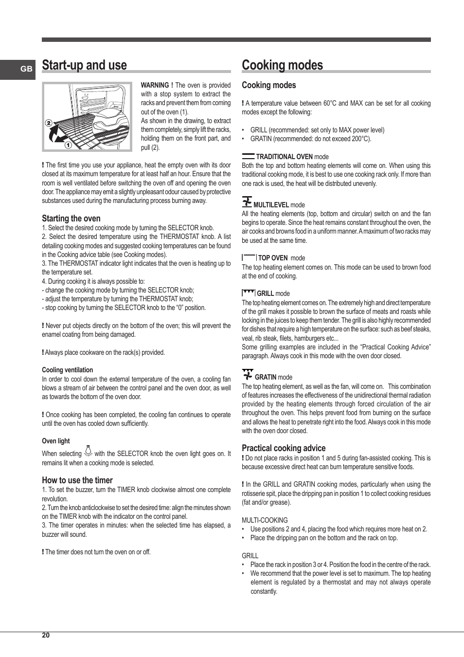 Start-up and use, Cooking modes, Starting the oven | How to use the timer, Practical cooking advice | Indesit IFG-51-K.A-(GR)-S User Manual | Page 20 / 56