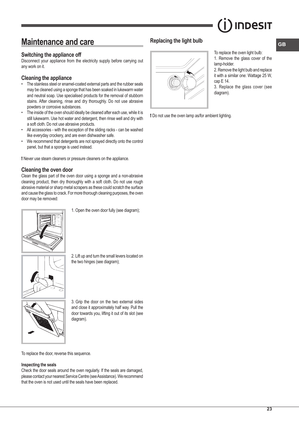Maintenance and care | Indesit IFG-51-K.A-(GR)-S User Manual | Page 23 / 56