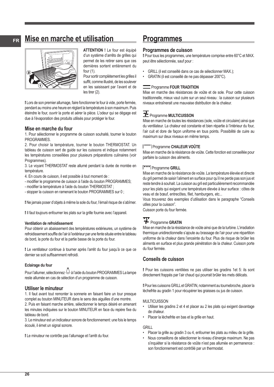 Mise en marche et utilisation, Programmes, Mise en marche du four | Utiliser le minuteur, Programmes de cuisson, Conseils de cuisson | Indesit IFG-51-K.A-(GR)-S User Manual | Page 26 / 56