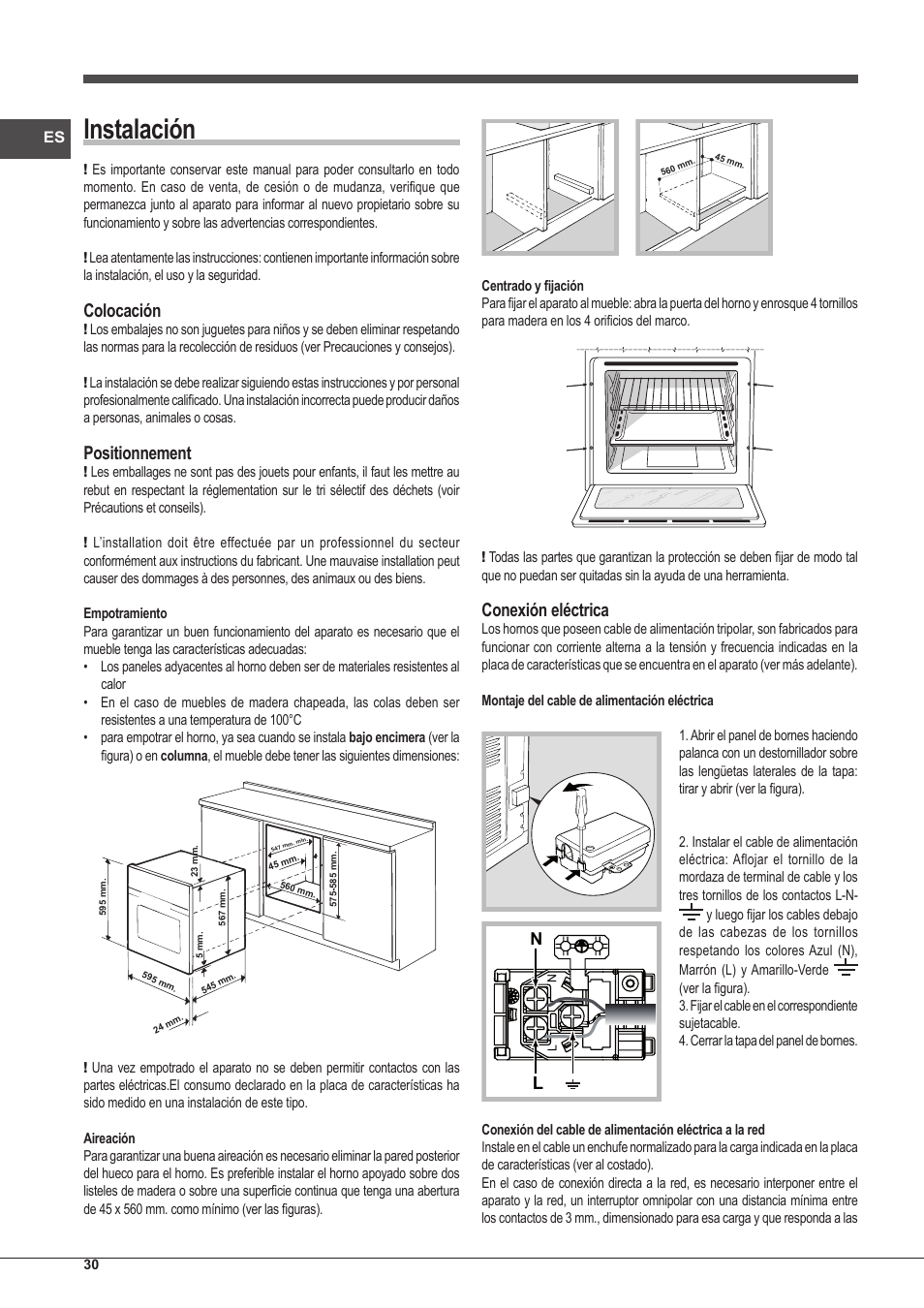 Instalación, Colocación, Positionnement | Conexión eléctrica | Indesit IFG-51-K.A-(GR)-S User Manual | Page 30 / 56