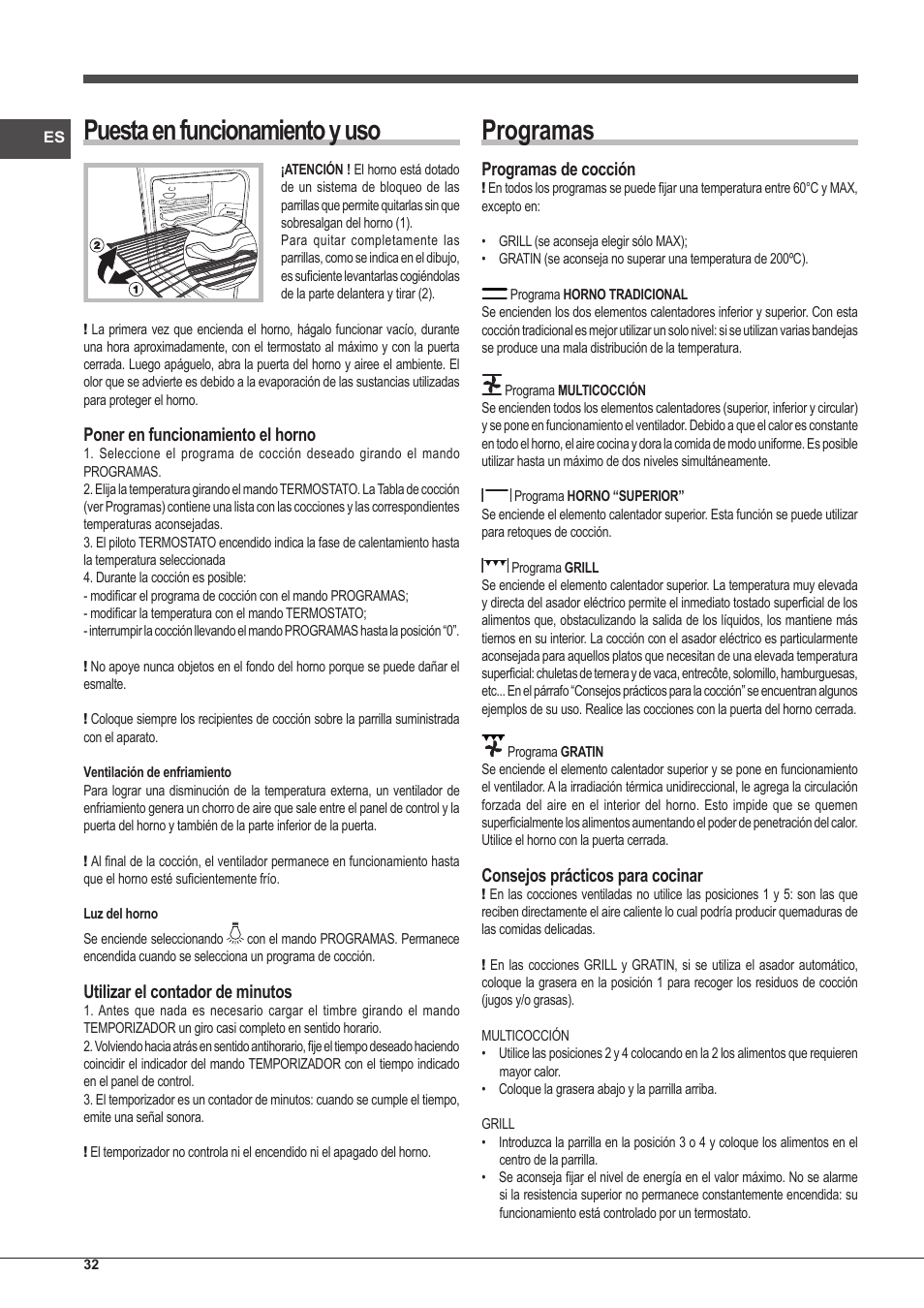 Puesta en funcionamiento y uso, Programas, Poner en funcionamiento el horno | Utilizar el contador de minutos, Programas de cocción, Consejos prácticos para cocinar | Indesit IFG-51-K.A-(GR)-S User Manual | Page 32 / 56