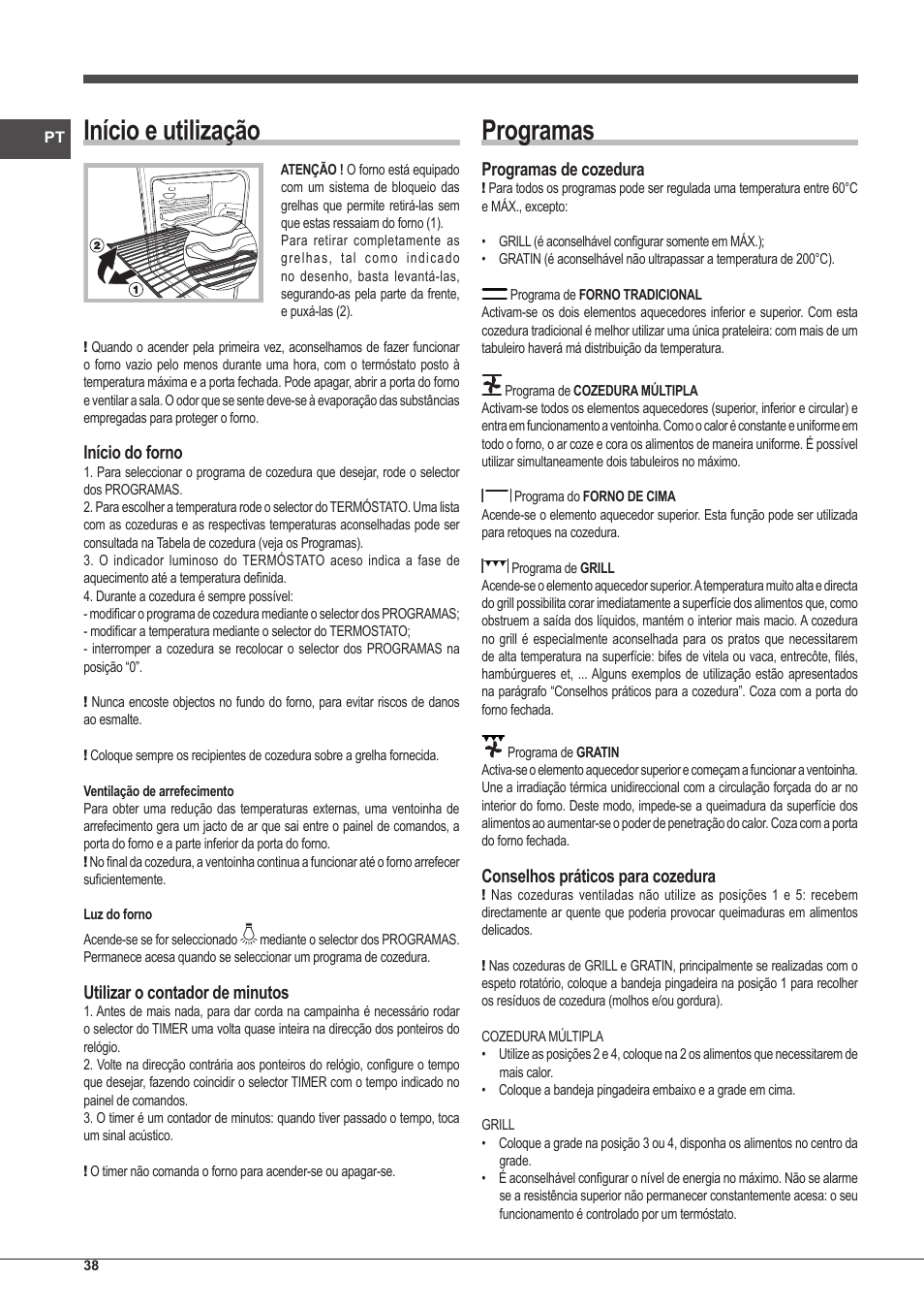 Início e utilização, Programas, Início do forno | Utilizar o contador de minutos, Programas de cozedura, Conselhos práticos para cozedura | Indesit IFG-51-K.A-(GR)-S User Manual | Page 38 / 56