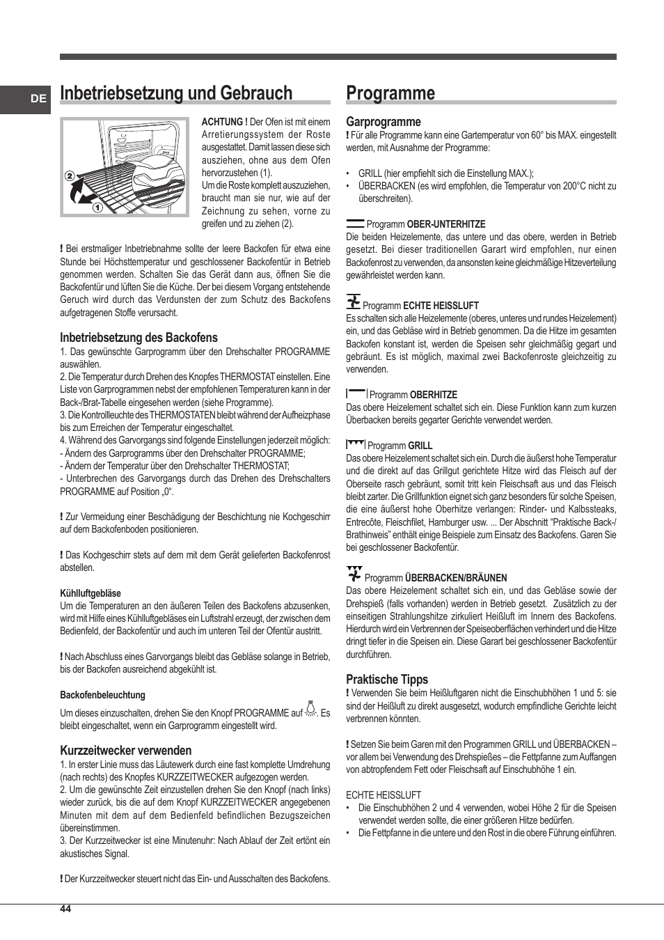Inbetriebsetzung und gebrauch, Programme, Inbetriebsetzung des backofens | Kurzzeitwecker verwenden, Garprogramme, Praktische tipps | Indesit IFG-51-K.A-(GR)-S User Manual | Page 44 / 56