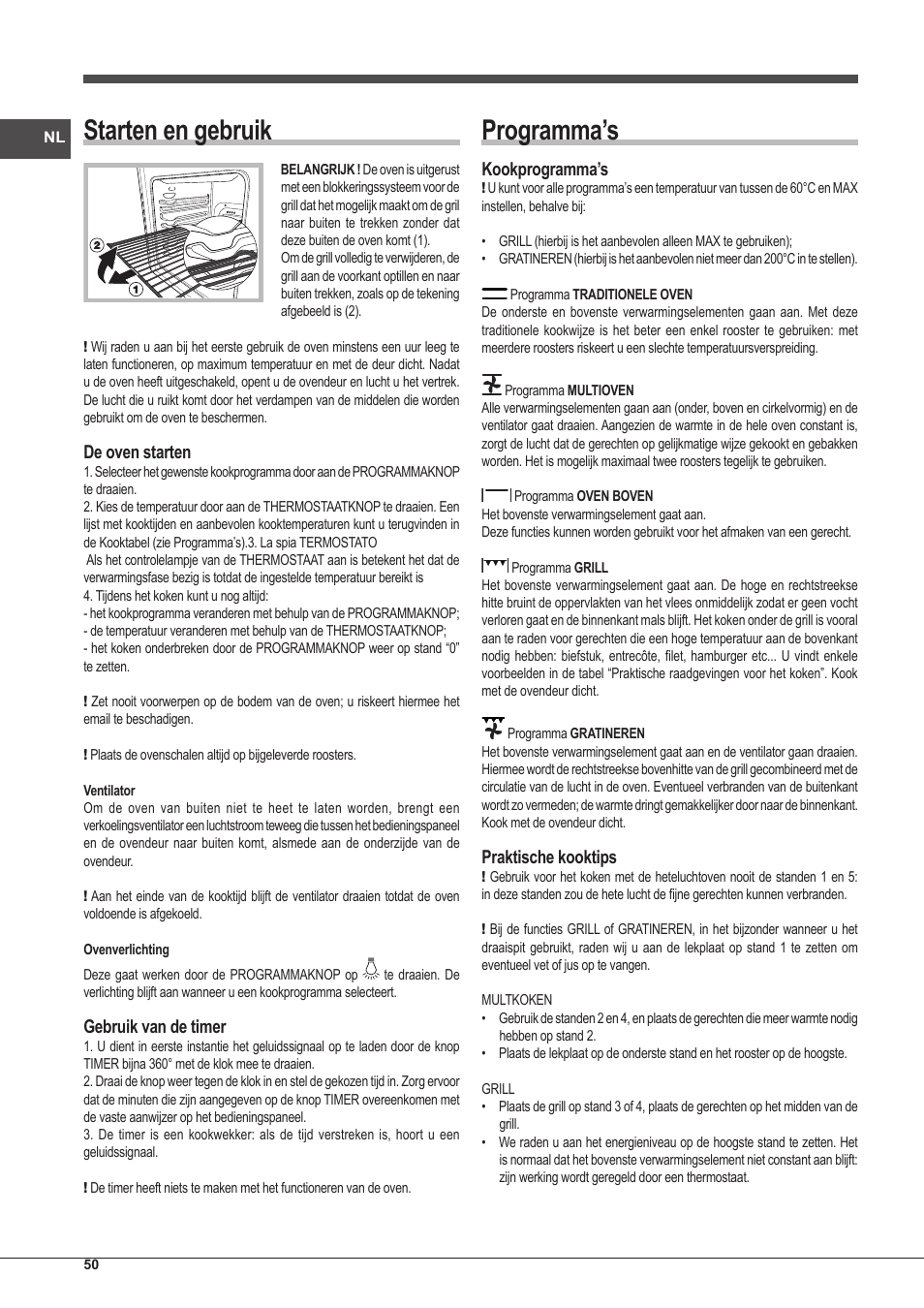 Starten en gebruik, Programma’s, De oven starten | Gebruik van de timer, Kookprogramma’s, Praktische kooktips | Indesit IFG-51-K.A-(GR)-S User Manual | Page 50 / 56