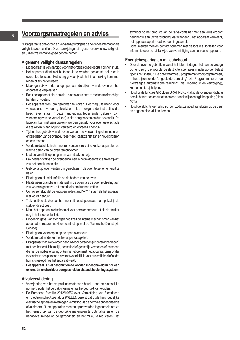 Voorzorgsmaatregelen en advies, Algemene veiligheidsmaatregelen, Afvalverwijdering | Energiebesparing en milieubehoud | Indesit IFG-51-K.A-(GR)-S User Manual | Page 52 / 56
