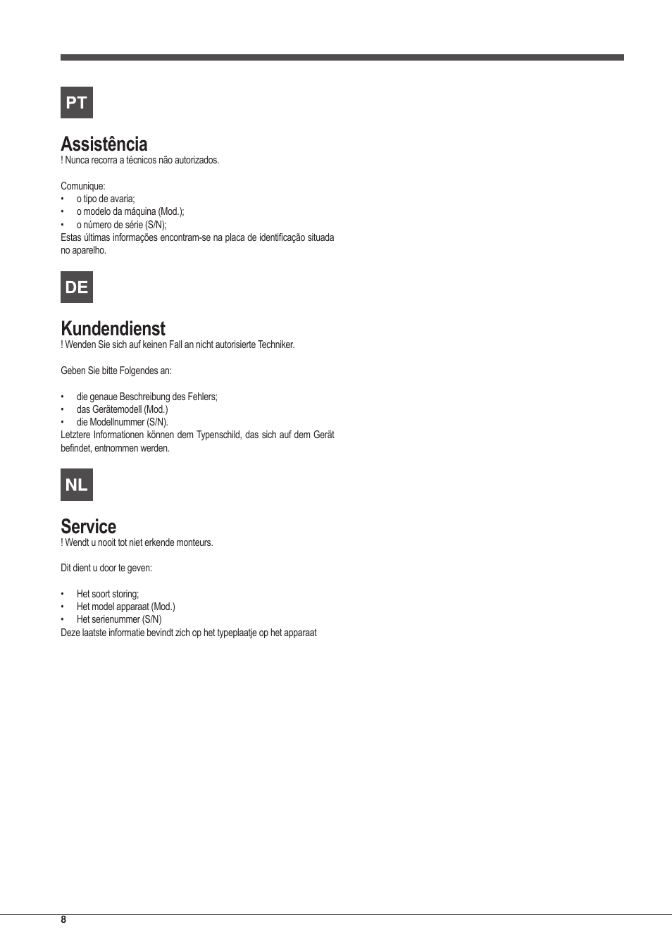 Assistência, Kundendienst, Service | Indesit IFG-51-K.A-(GR)-S User Manual | Page 8 / 56